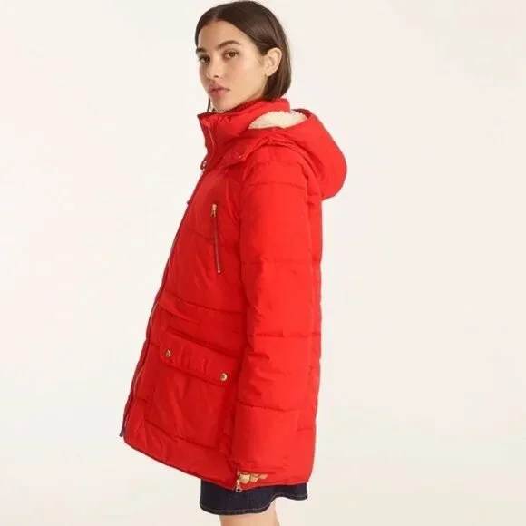 j.crew chateau puffer jacket with primaloft in brilliant sunset, size Small